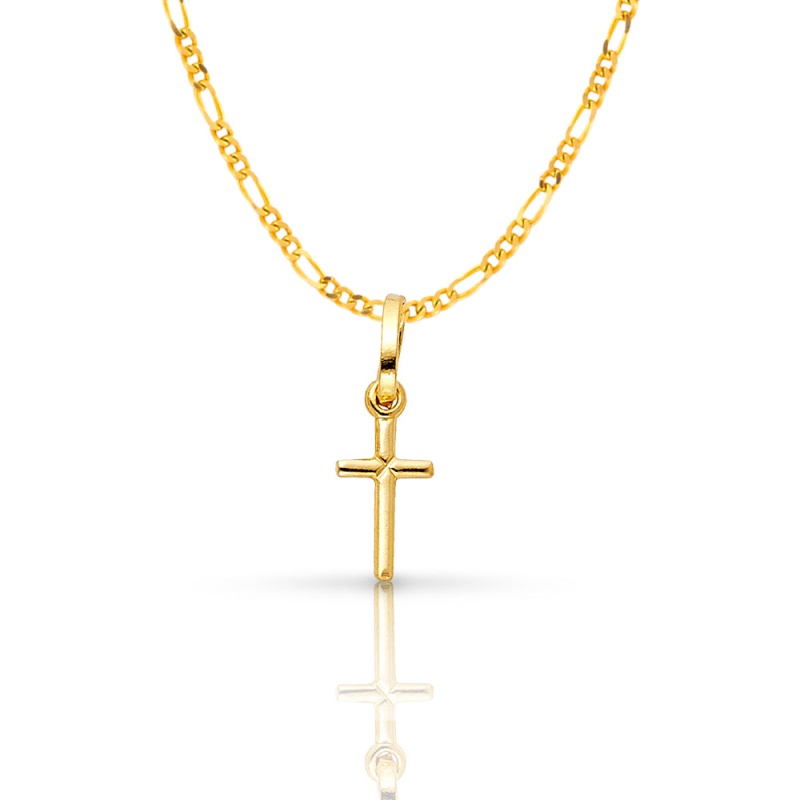 14K Gold Plain Cross Pendant With 1.6Mm Figaro 3+1 Chain
