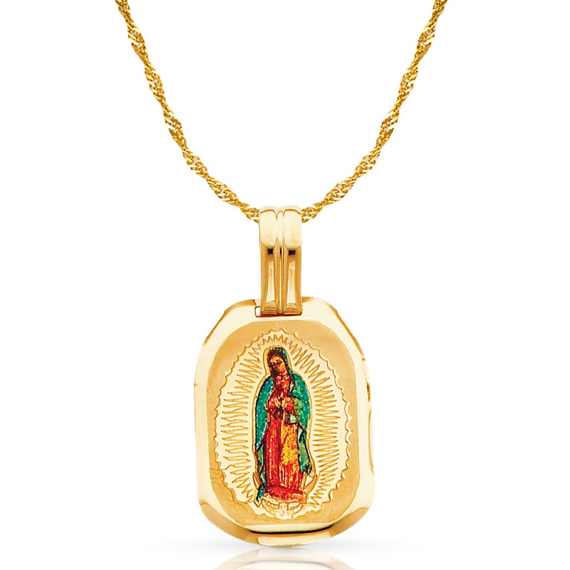 14K Gold Guadalupe Enamel Pendant With 0.9Mm Singapore Chain