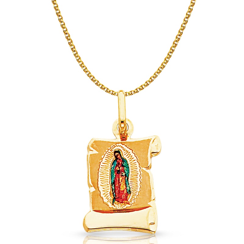 14K Gold Guadalupe Enamel Pendant With 1.2Mm Flat Open Wheat Chain