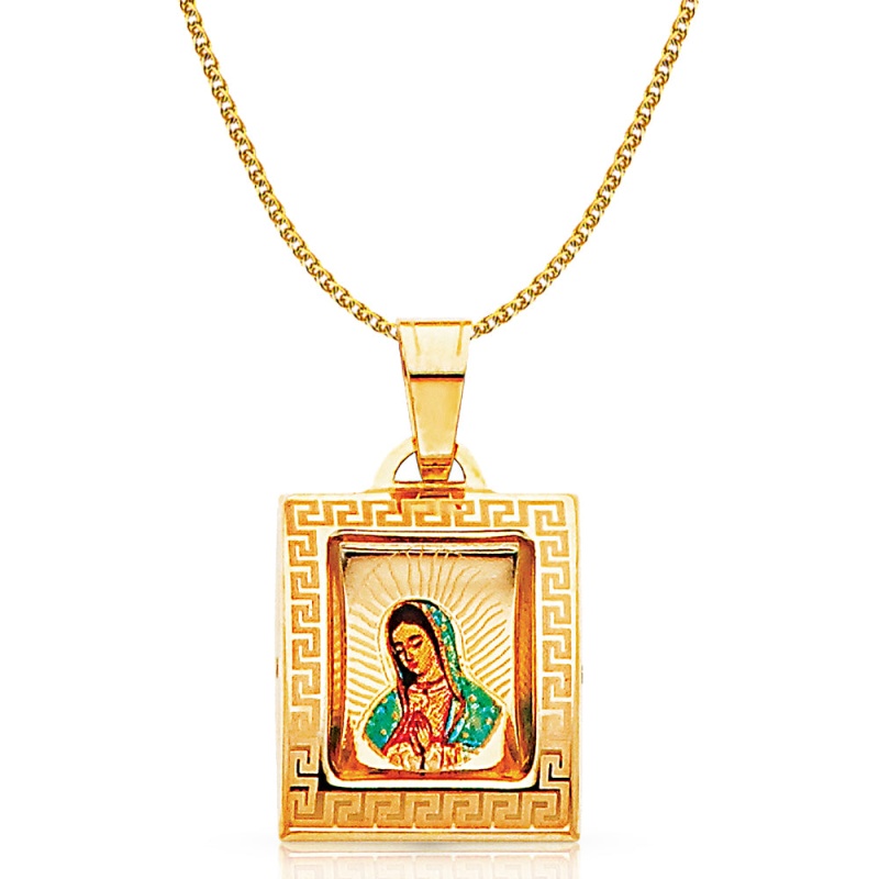 14K Gold Guadalupe Enamel Pendant With 1.2Mm Flat Open Wheat Chain