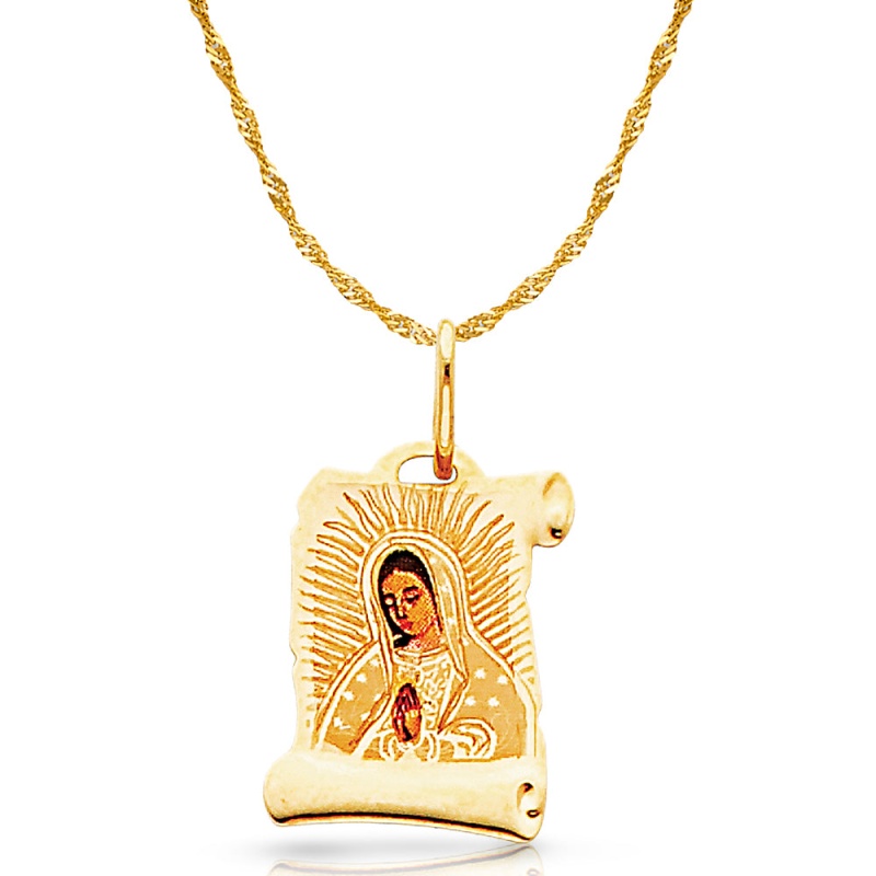 14K Gold Guadalupe Enamel Pendant With 0.9Mm Singapore Chain