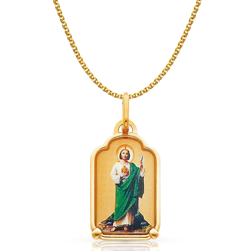 14K Gold St. Jude Enamel Pendant With 1.2Mm Flat Open Wheat Chain