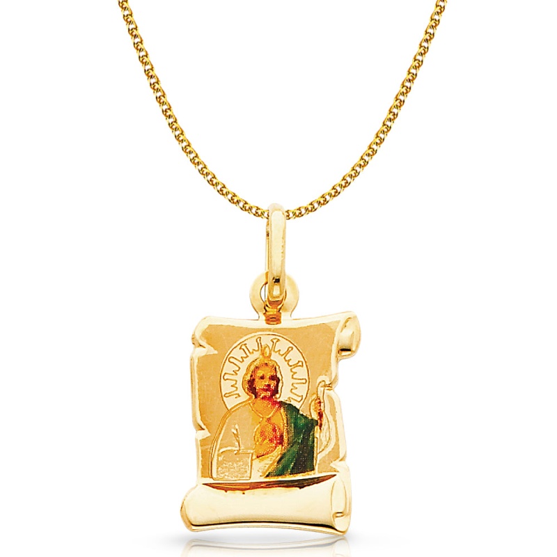 14K Gold St. Jude Enamel Pendant With 1.2Mm Flat Open Wheat Chain