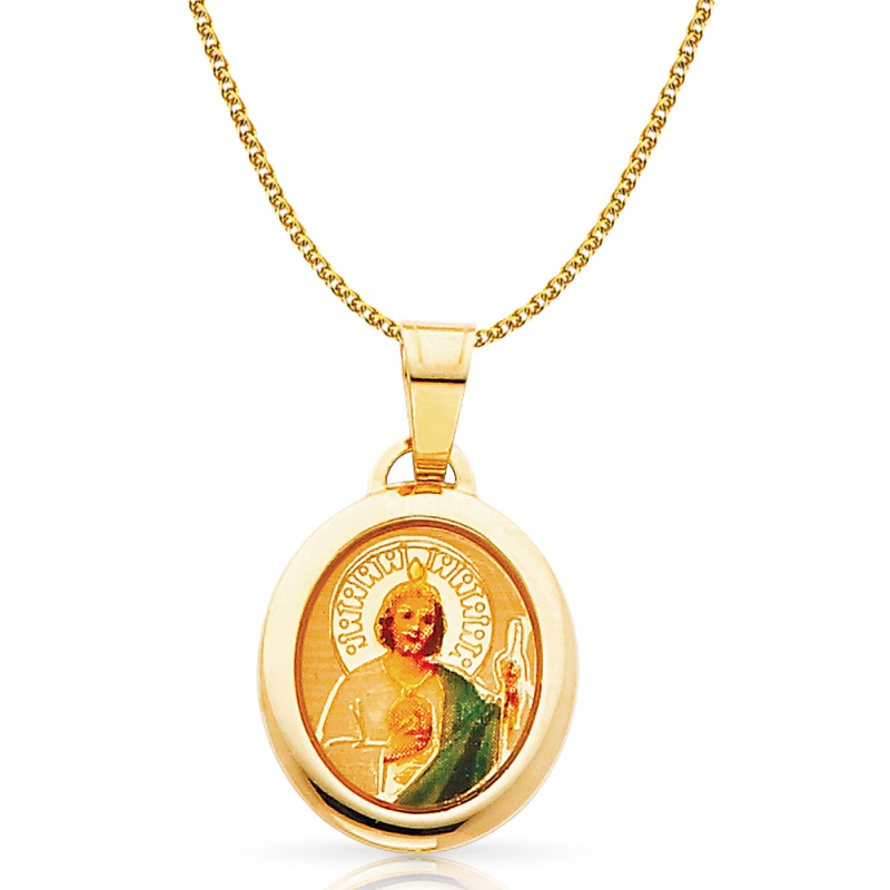 14K Gold St. Jude Enamel Pendant With 1.2Mm Flat Open Wheat Chain