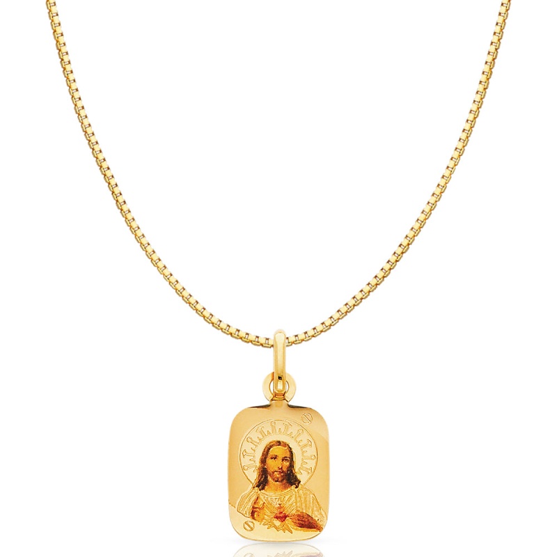 14K Gold Jesus Heart Enamel Religious Charm Pendant With 0.8Mm Box Chain Necklace