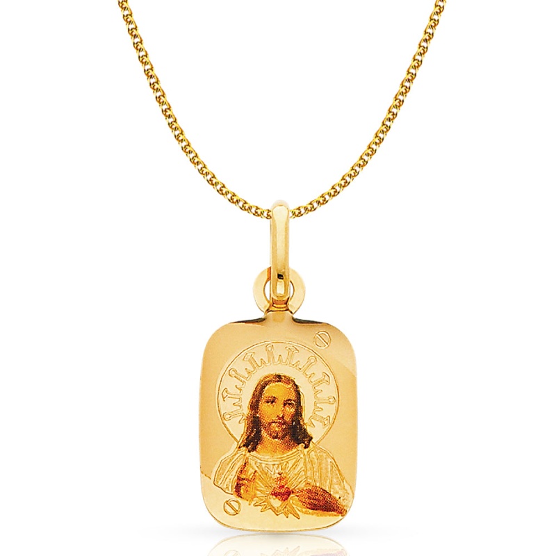 14K Gold Jesus Heart Enamel Pendant With 1.2Mm Flat Open Wheat Chain