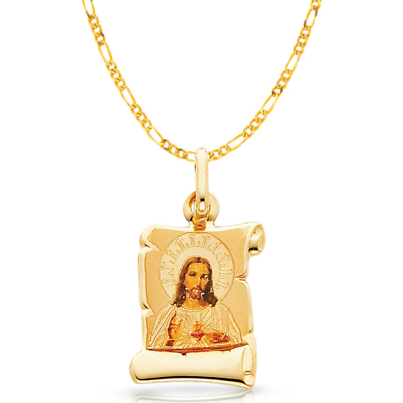 14K Gold Jesus Heart Enamel Pendant With 2Mm Figaro 3+1 Chain