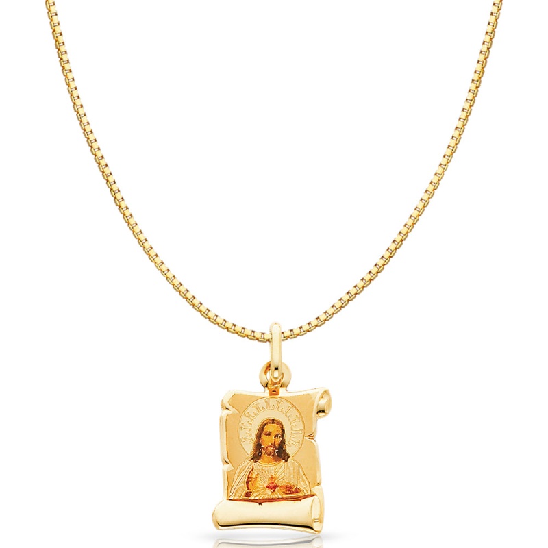 14K Gold Jesus Heart Enamel Religious Charm Pendant With 0.8Mm Box Chain Necklace