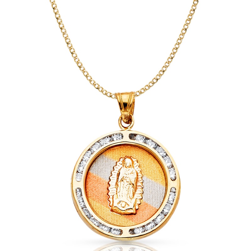 14K Gold Guadalupe Cz Pendant With 2.3Mm Hollow Cuban Chain