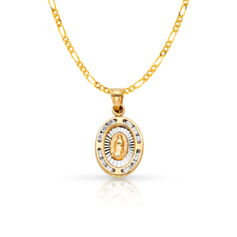 14K Gold Guadalupe Cz Pendant With 2Mm Figaro 3+1 Chain