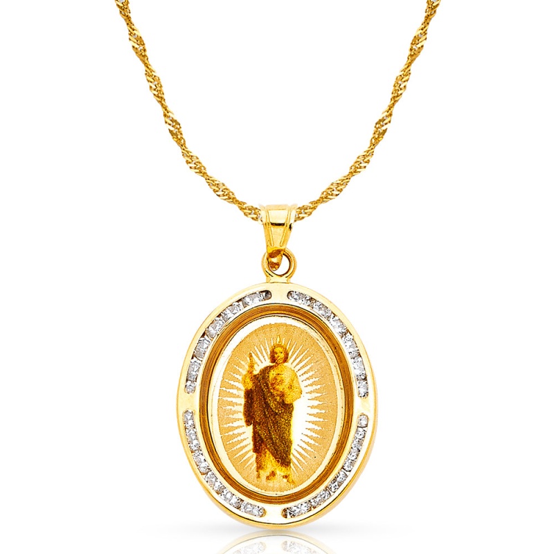 14K Gold St. Jude Cz Pendant With 1.2Mm Singapore Chain