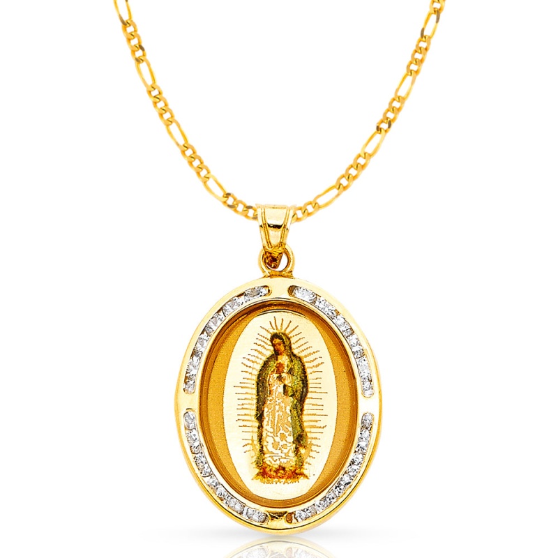 14K Gold Guadalupe Cz Pendant With 2.3Mm Figaro 3+1 Chain