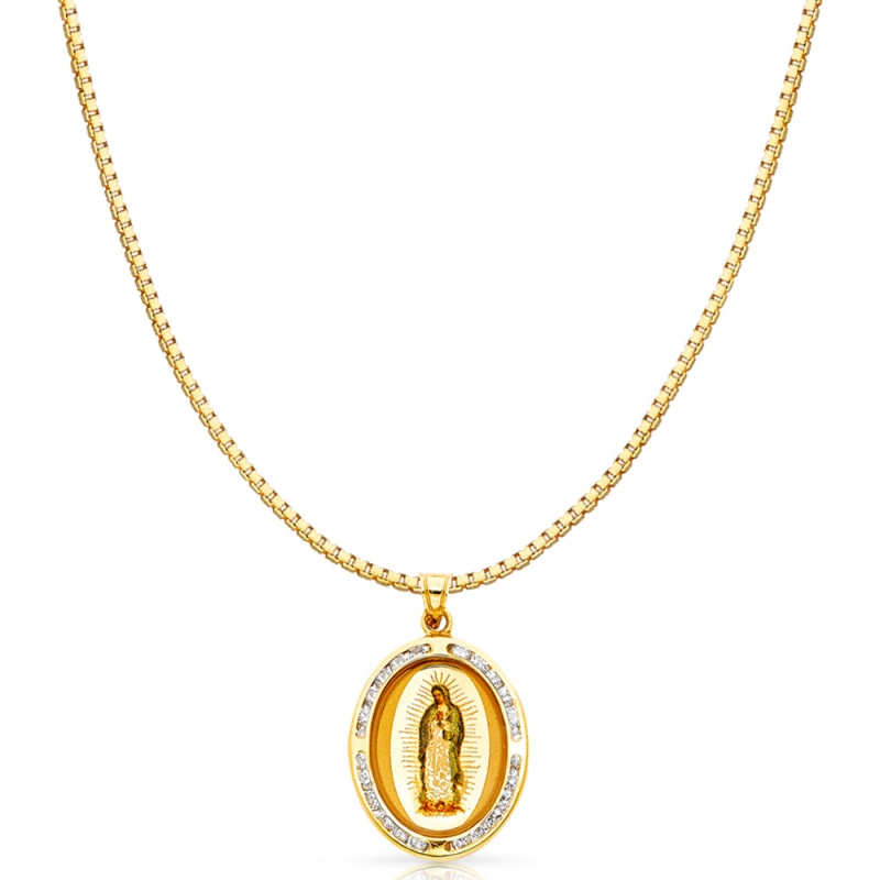 14K Gold Guadalupe Cz Religious Charm Pendant With 1.2Mm Box Chain Necklace