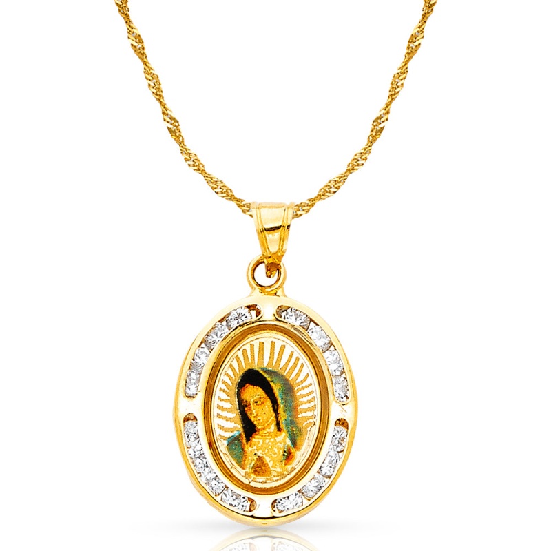 14K Gold Guadalupe Cz Pendant With 1.2Mm Singapore Chain
