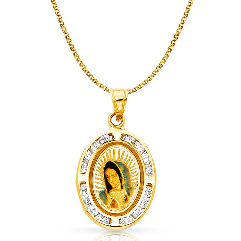 14K Gold Guadalupe Cz Pendant With 1.2Mm Flat Open Wheat Chain
