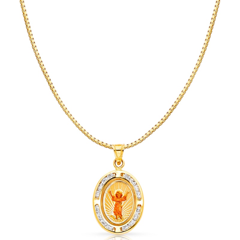 14K Gold Devine Infant Jesus Cz Religious Charm Pendant With 0.8Mm Box Chain Necklace