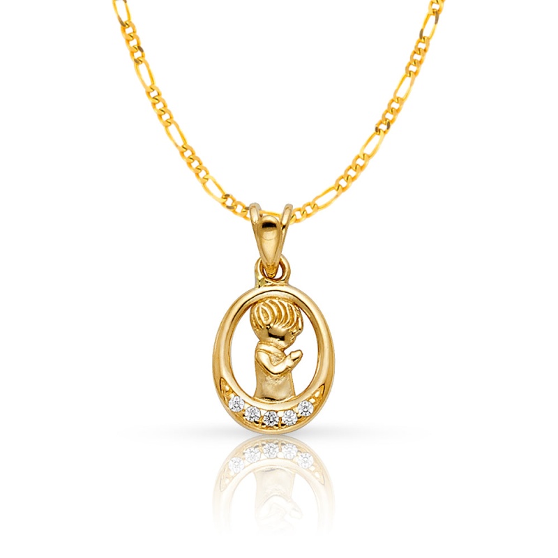 14K Gold Cz Boy Prayer Pendant With 2Mm Figaro 3+1 Chain