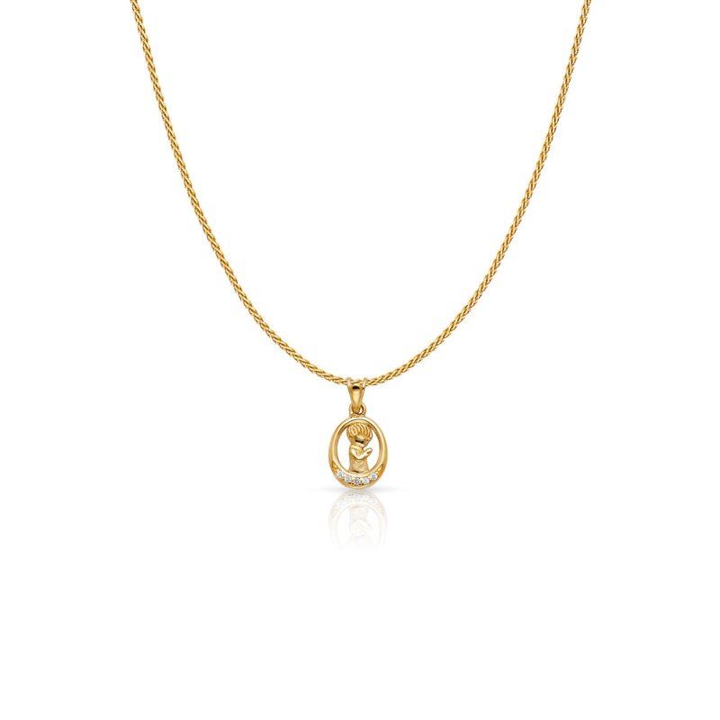 14K Gold Cz Boy Prayer Charm Pendant With 0.9Mm Wheat Chain Necklace