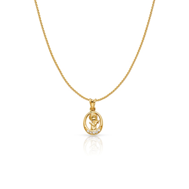 14K Gold Cz Girl Prayer Charm Pendant With 0.9Mm Wheat Chain Necklace