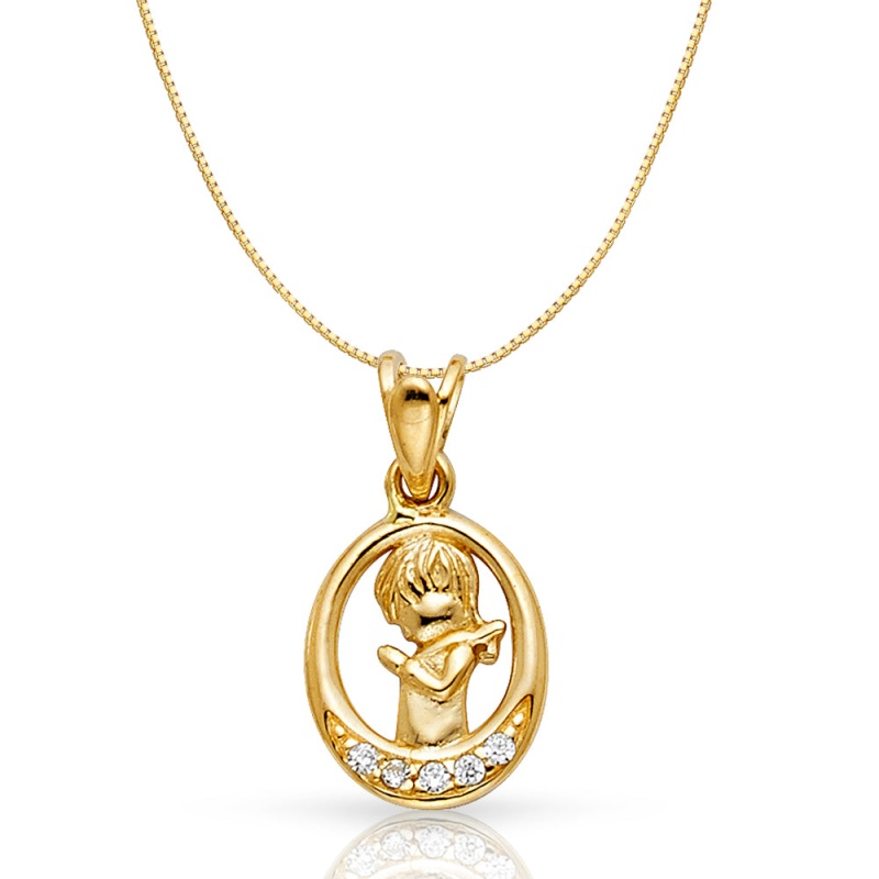 14K Gold Cz Girl Prayer Religious Charm Pendant With 0.6Mm Box Chain Necklace