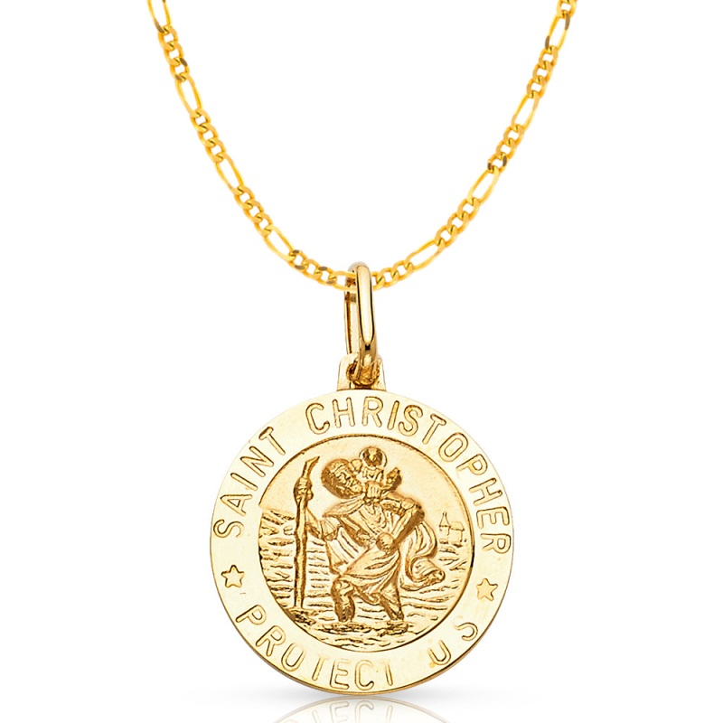 14K Gold St. Christopher Protect Us Pendant With 2.3Mm Figaro 3+1 Chain