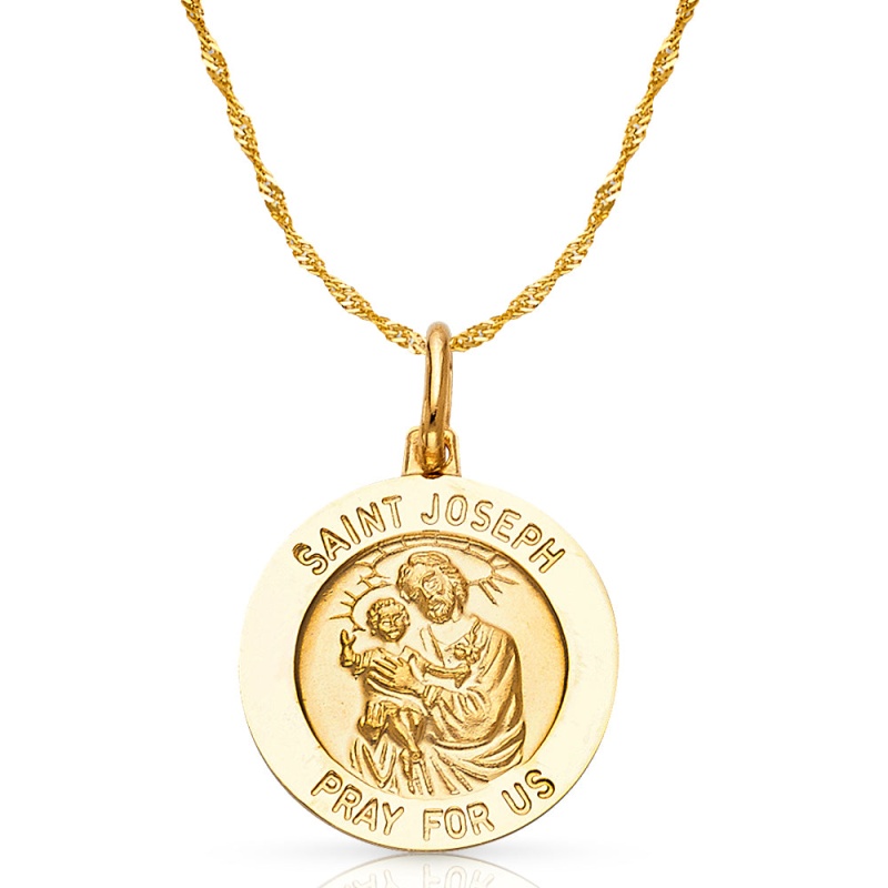 14K Gold St. Joseph Pray For Us Pendant With 1.2Mm Singapore Chain