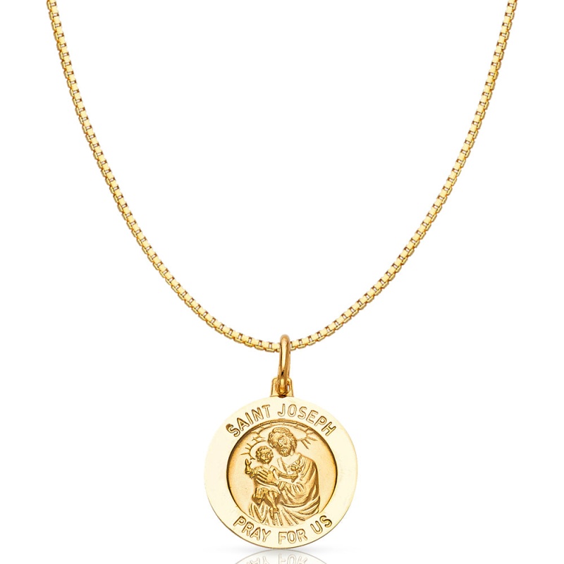14K Gold St. Joseph Pray For Us Religious Charm Pendant With 0.8Mm Box Chain Necklace