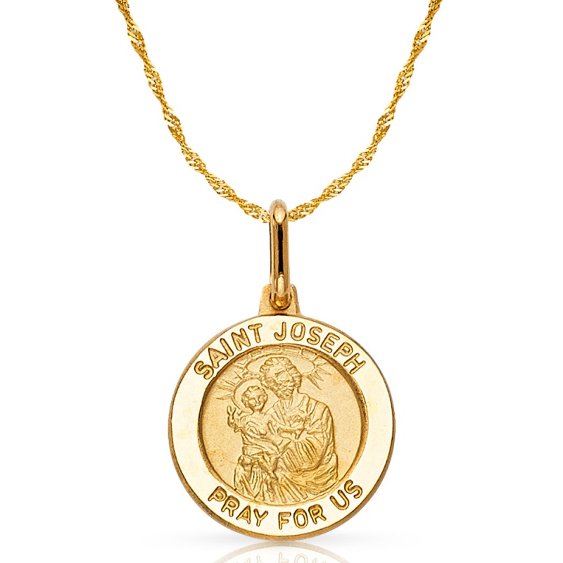 14K Gold St. Joseph Pray For Us Pendant With 0.9Mm Singapore Chain