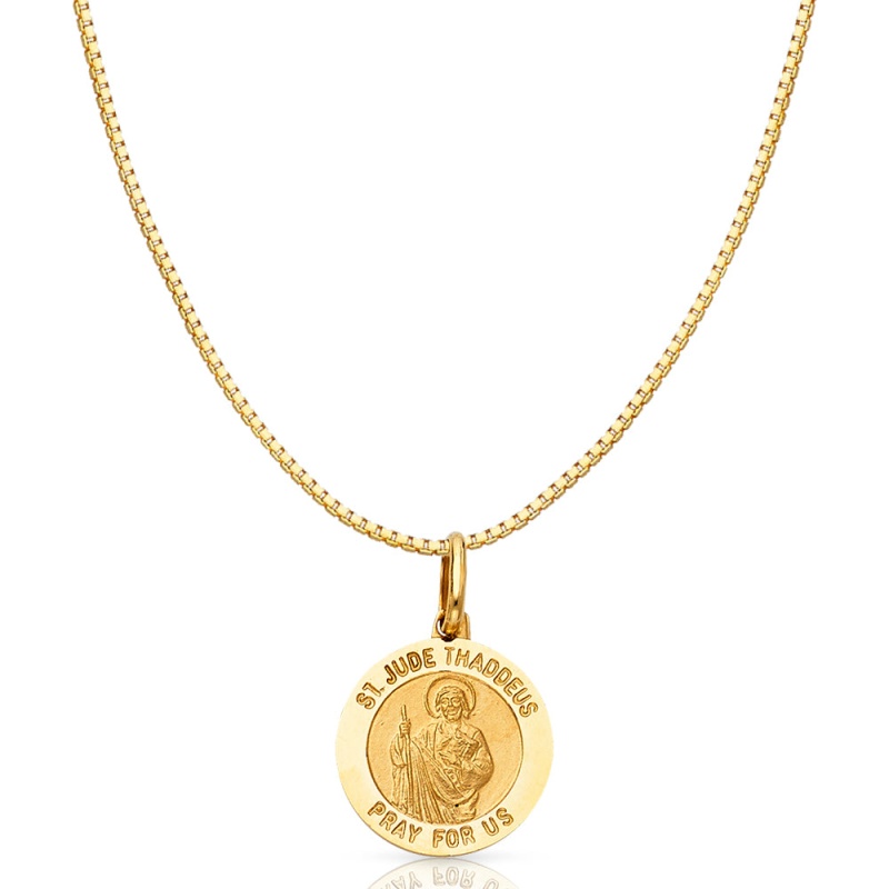 14K Gold St. Jude Thaddeus Pray For Us Religious Charm Pendant With 0.8Mm Box Chain Necklace