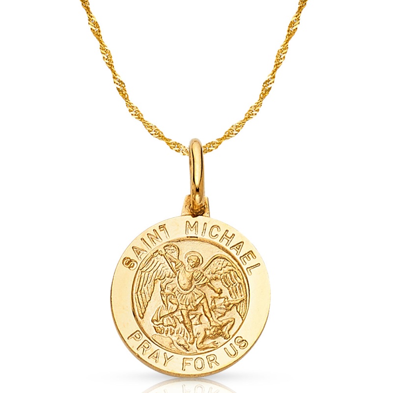 14K Gold St. Michael Pray For Us Pendant With 0.9Mm Singapore Chain
