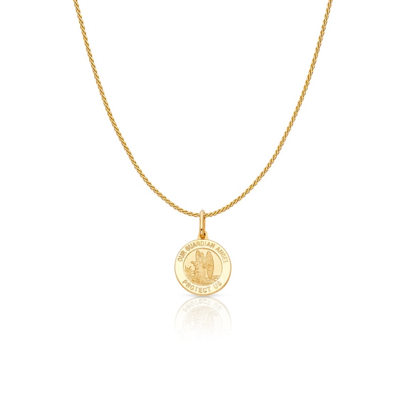 14K Gold Our Guardian Angel Protect Us Charm Pendant With 0.9Mm Wheat Chain Necklace