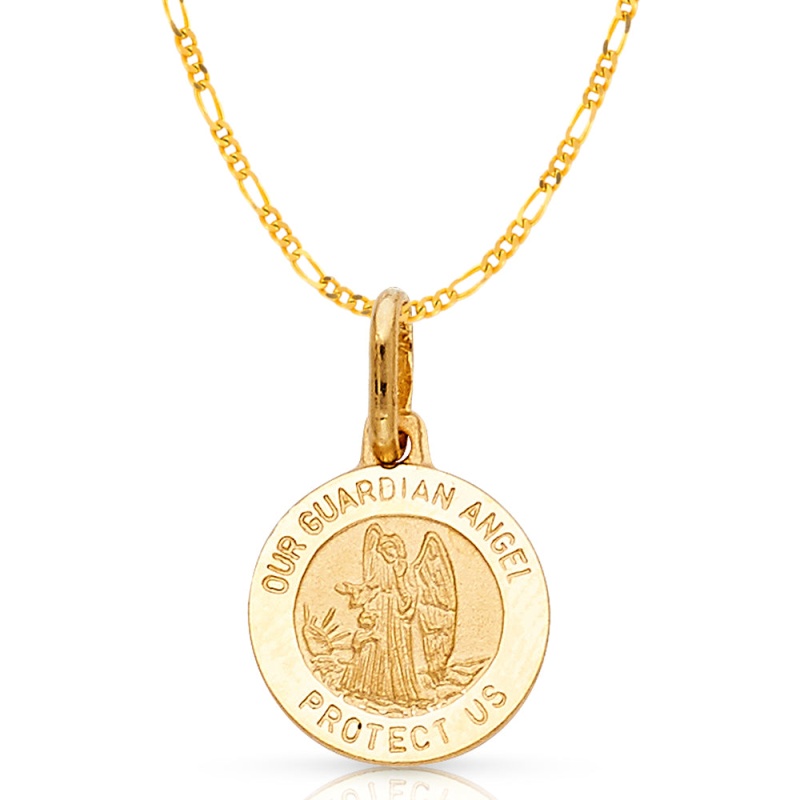 14K Gold Our Guardian Angel Protect Us Pendant With 2Mm Figaro 3+1 Chain