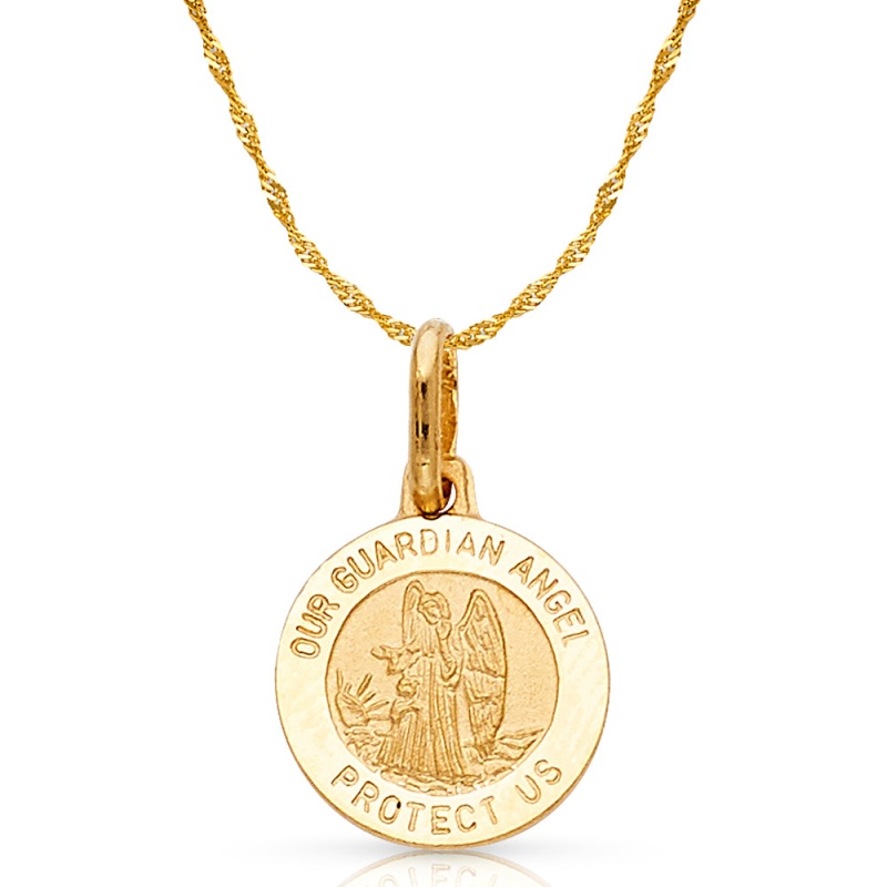14K Gold Our Guardian Angel Protect Us Pendant With 0.9Mm Singapore Chain