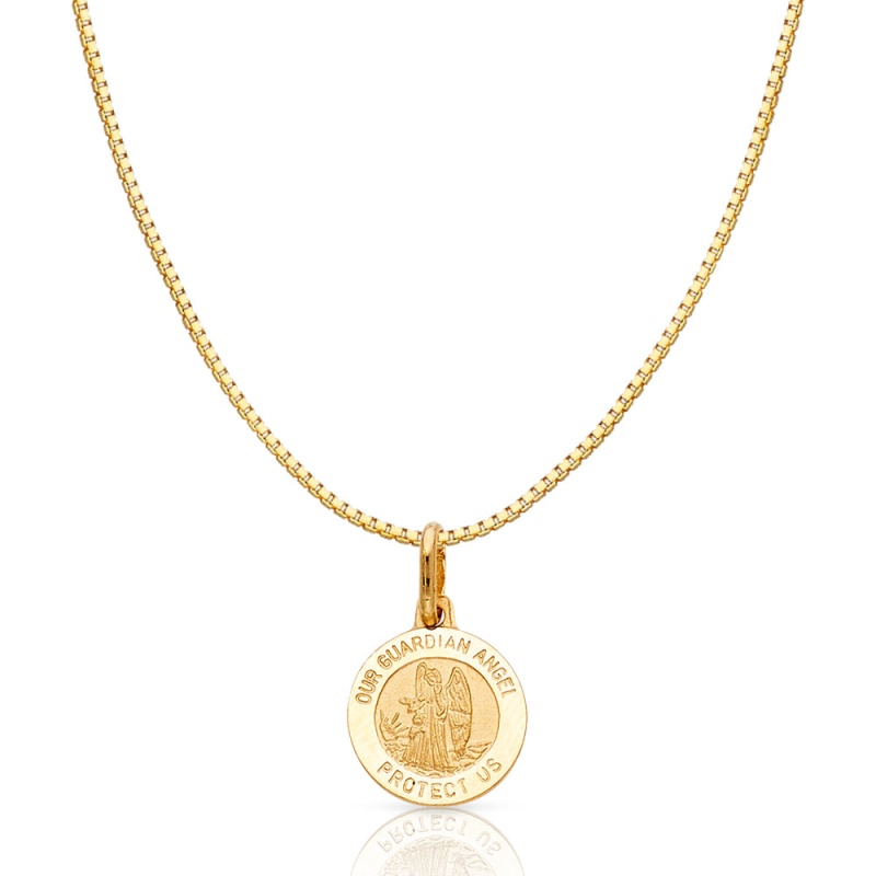 14K Gold Our Guardian Angel Protect Us Religious Charm Pendant With 0.8Mm Box Chain Necklace