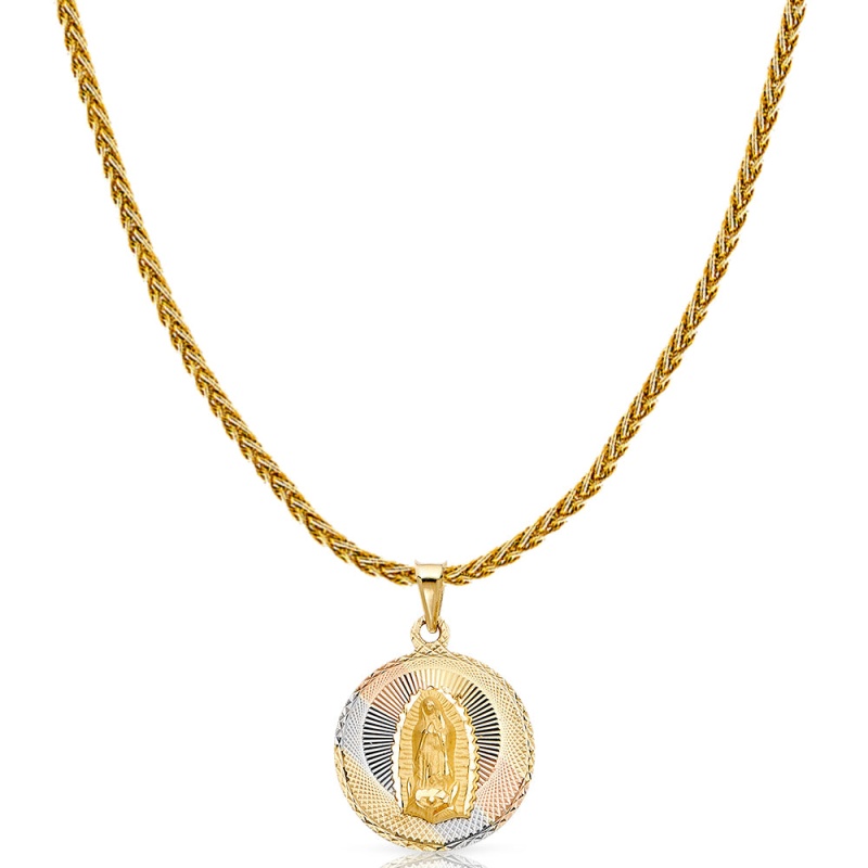 14K Gold Diamond Cut Guadalupe Stamp Charm Pendant With 1.4Mm Round Wheat Chain Necklace