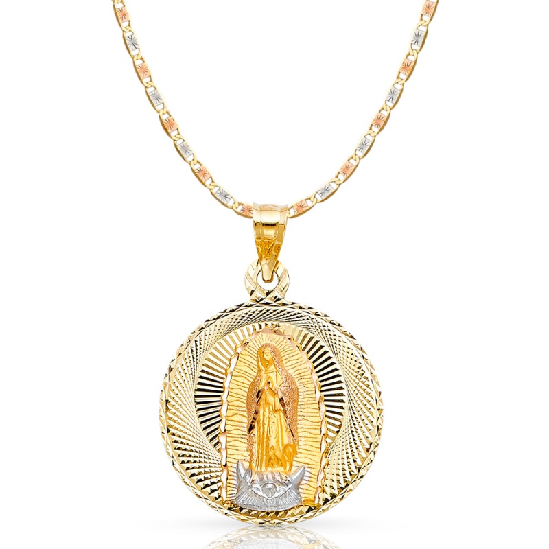 14K Gold Guadalupe Stamp Pendant With 3.3Mm Valentino Star Chain