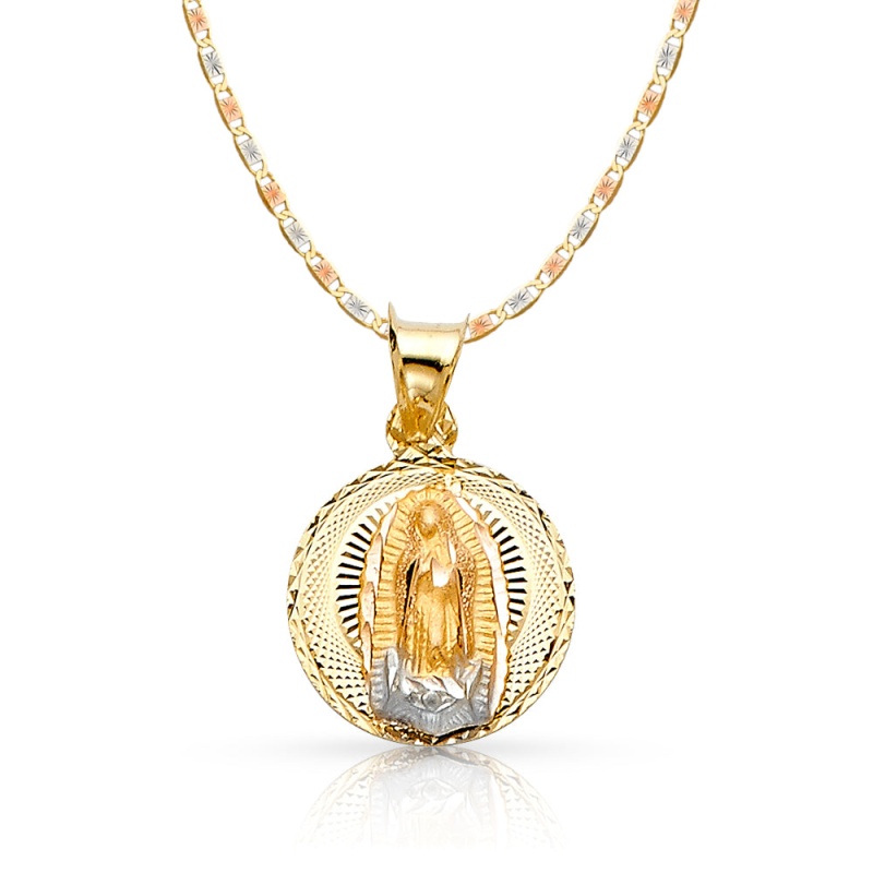 14K Gold Guadalupe Stamp Pendant With 2.1Mm Valentino Chain
