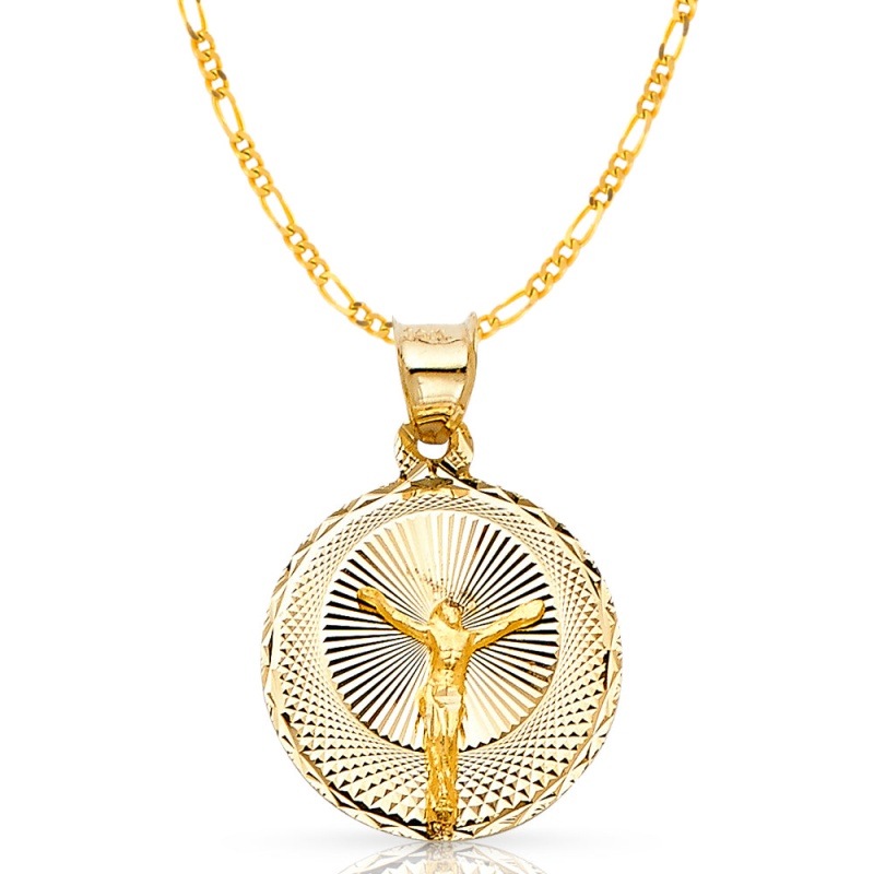 14K Gold Jesus Stamp Pendant With 2Mm Figaro 3+1 Chain