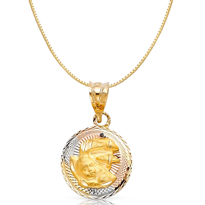 14K Gold Diamond Cut Stamp Baptism Religious Charm Pendant With 0.8Mm Box Chain Necklace