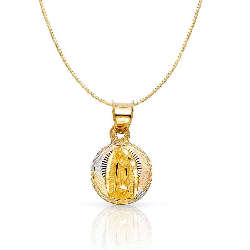 14K Gold Diamond Cut Guadalupe Stamp Religious Charm Pendant With 0.6Mm Box Chain Necklace