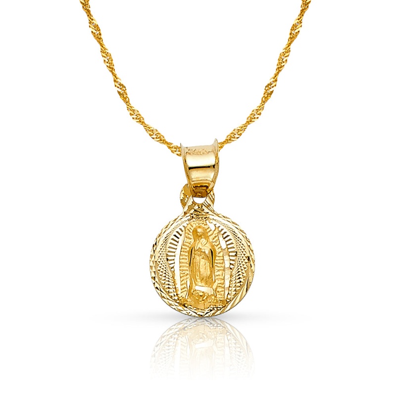 14K Gold Diamond Cut Guadalupe Stamp Pendant With 0.9Mm Singapore Chain