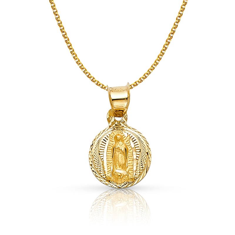 14K Gold Diamond Cut Guadalupe Stamp Pendant With 1.2Mm Flat Open Wheat Chain - 16