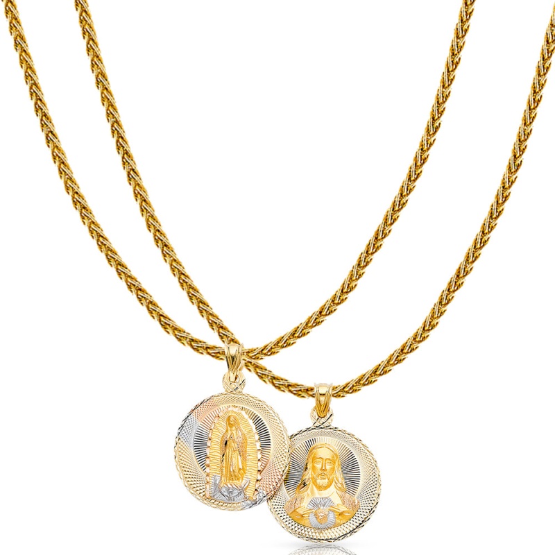 14K Gold Diamond Cut Double Side Stamp Virgin Mary & Jesus Charm Pendant With 1.4Mm Round Wheat Chain Necklace
