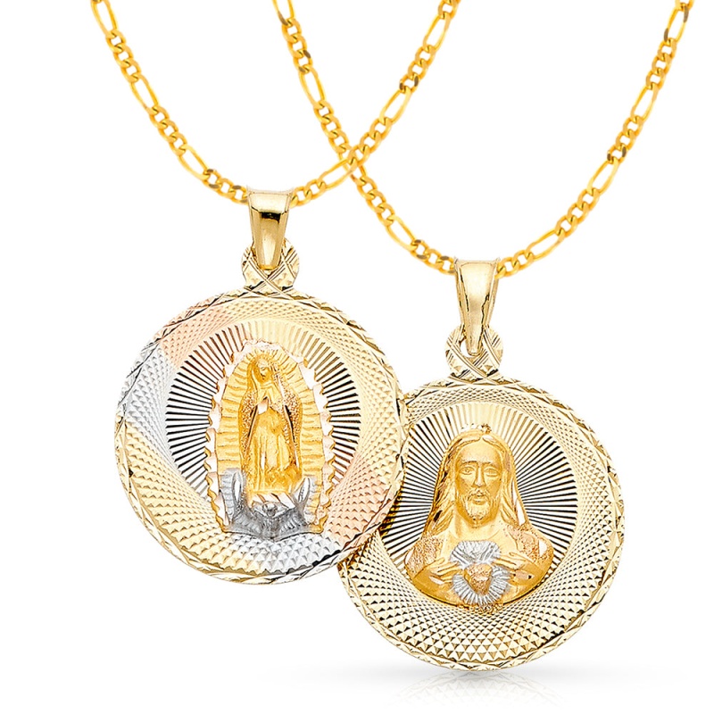 14K Gold Double Side Stamp Virgin Mary & Jesus Pendant With 3.1Mm Figaro 3+1 Chain