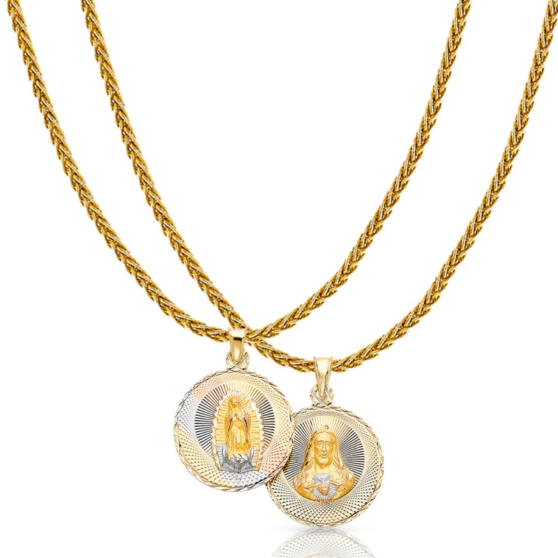 14K Gold Diamond Cut Double Side Stamp Virgin Mary & Jesus Charm Pendant With 1.4Mm Round Wheat Chain Necklace