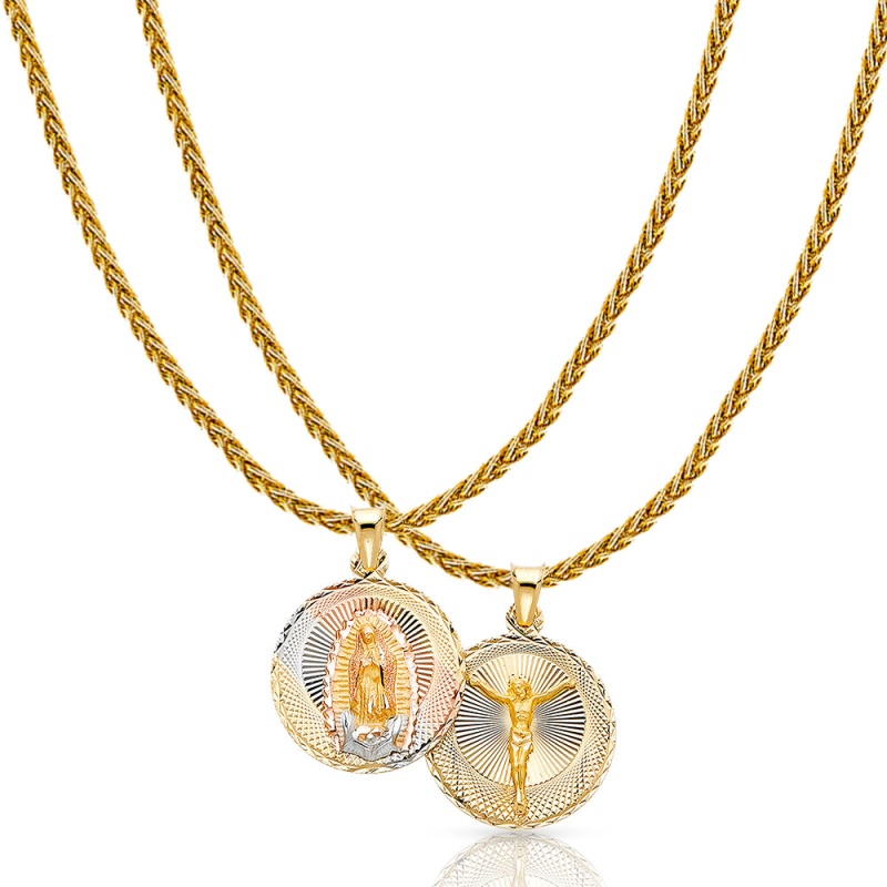 14K Gold Diamond Cut Double Side Stamp Virgin Mary & Jesus Charm Pendant With 1.4Mm Round Wheat Chain Necklace