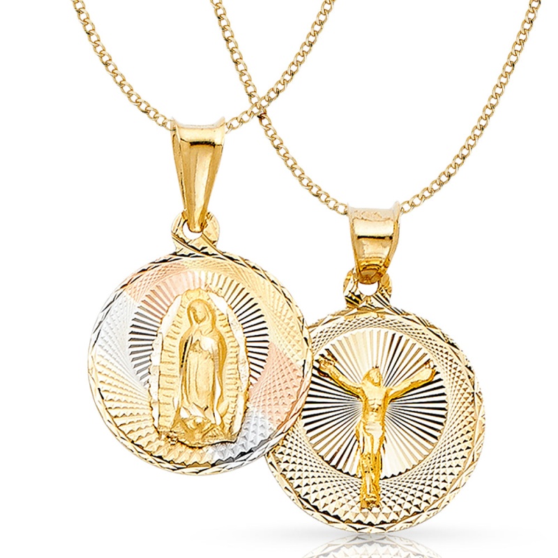 14K Gold Double Side Stamp Virgin Mary & Jesus Pendant With 2.3Mm Hollow Cuban Chain