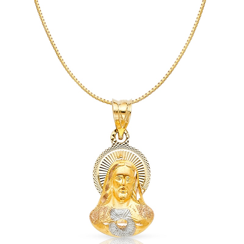 14K Gold Diamond Cut Jesus Stamp Religious Charm Pendant With 0.8Mm Box Chain Necklace
