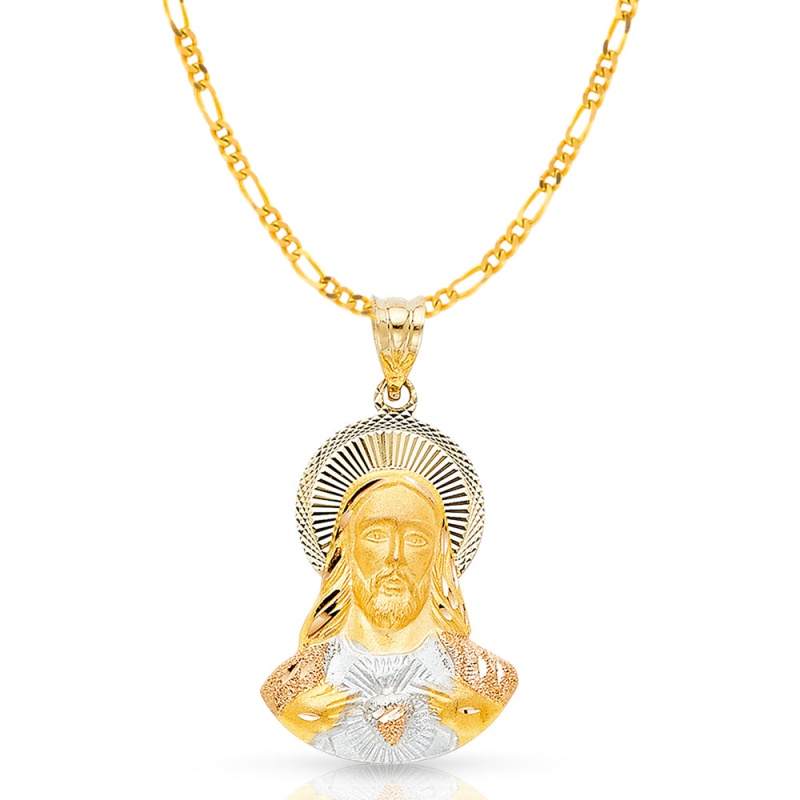 14K Gold Jesus Stamp Pendant With 2.3Mm Figaro 3+1 Chain