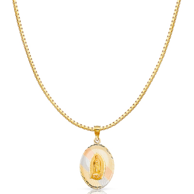 14K Gold Diamond Cut Guadalupe Stamp Religious Charm Pendant With 1.2Mm Box Chain Necklace